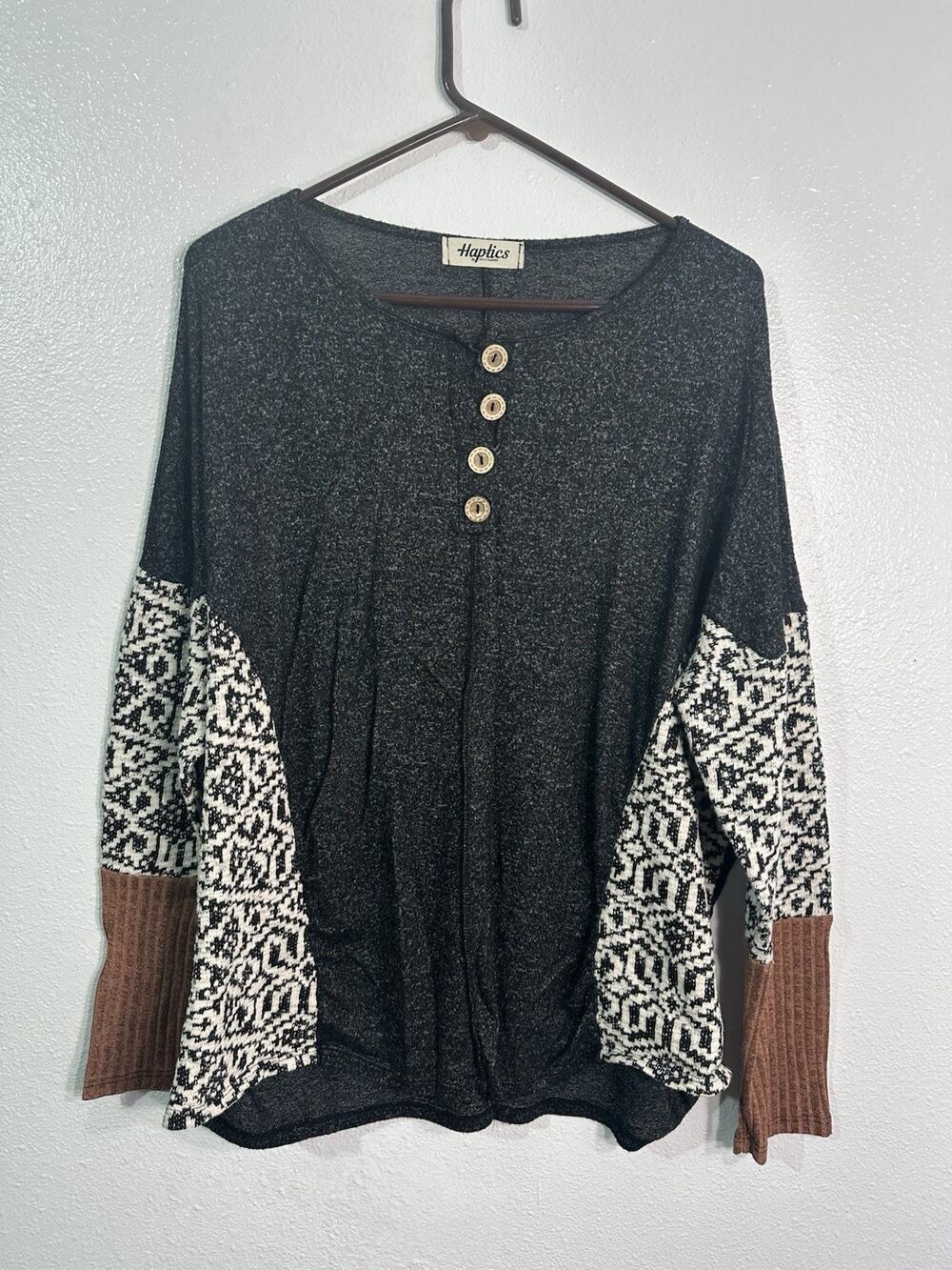 Haptrics by Holly Harper Black Gray Boho Tunic Sweater Aztec Sleeve Womens XL